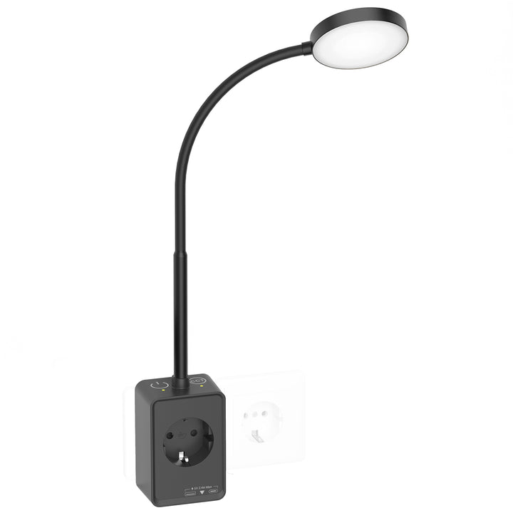 Plug In LED Reading Light, Dimmable Black Flexible Bedside Wall Lamp with EU Power Plug and Outlet, Two Touch Switches, 3 Lighting Color Modes, 110° Beam Angle, USB Output Charging Ports