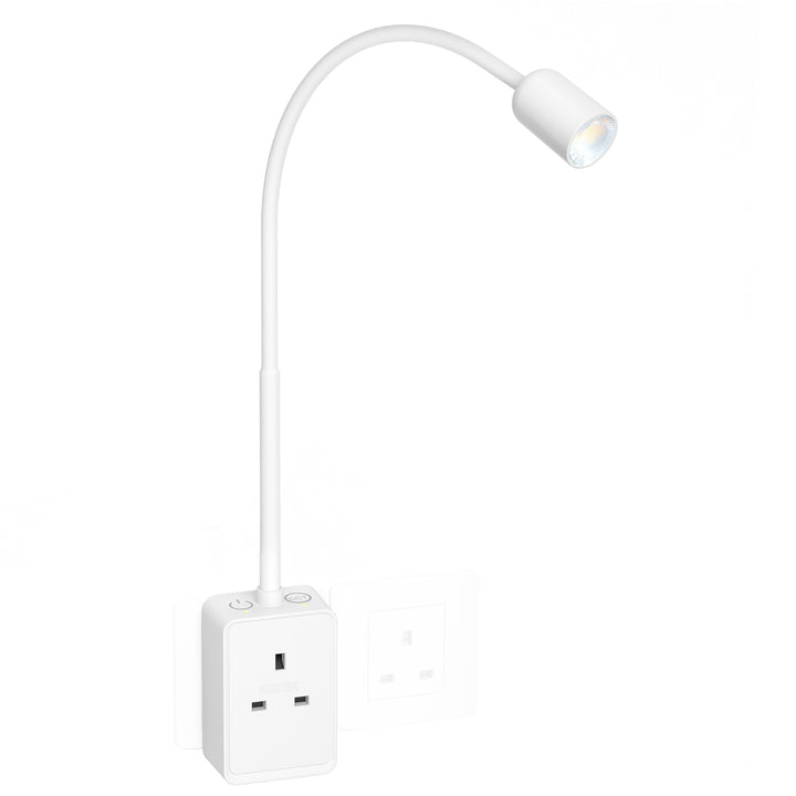Plug In Dimmable LED Reading Light, Flexible White Wall Sconce Spot Light with UK Power Plug and Socket for Bedroom, Two Touch Switches, 3 Lighting Color Modes, USB Output Charging Function