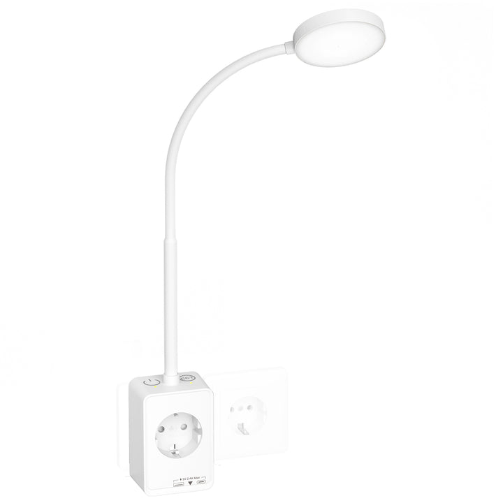 Plug In LED Reading Light, Dimmable White Flexible Bedside Wall Lamp with EU Power Plug and Outlet, Two Touch Switches, 3 Lighting Color Modes, 50° Beam Angle, USB Output Charging Ports