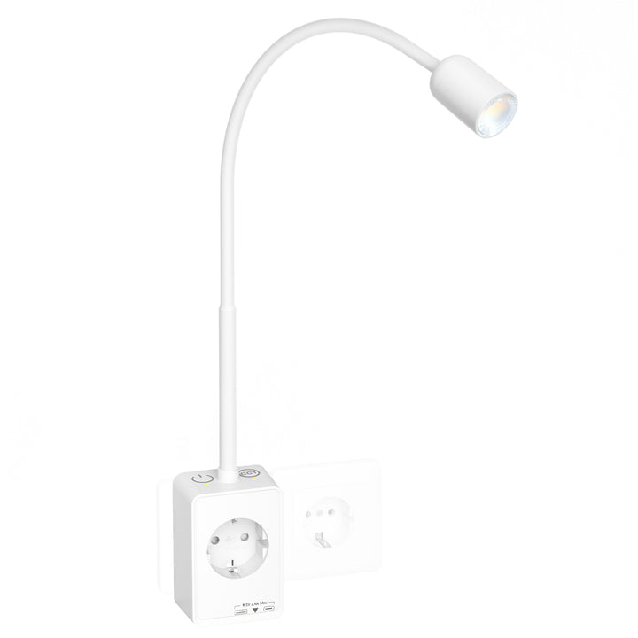 Plug In Dimmable LED Reading Light, Flexible White Wall Sconce Spot Light with EU Power Plug and Socket for Bedroom, Two Touch Switches, 3 Lighting Color Modes, USB Output Charging Function