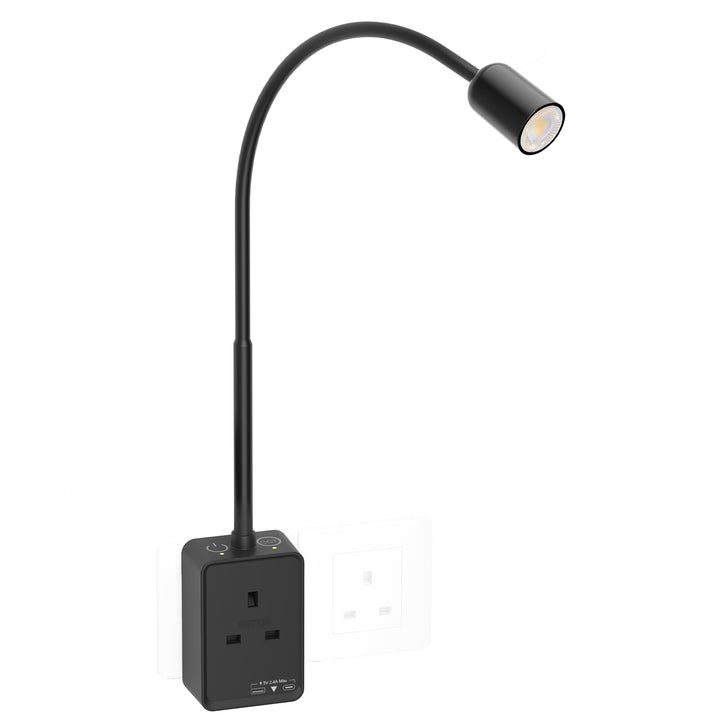 Plug In LED Reading Light, Dimmable Black Flexible Bedside Wall Lamp with UK Power Plug and Outlet, Two Touch Switches, 3 Lighting Color Modes, 50° Beam Angle, USB Output Charging Ports