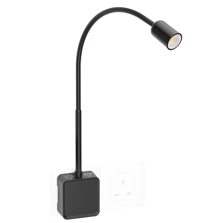 Plug In LED Wall Reading Light for Books in Bed, Dimmable LED Black Flexible Bedside Wall Lamp with UK Power Plug, Two Touch Switches, 3 Lighting Color Modes, 50° Spot Light Angle