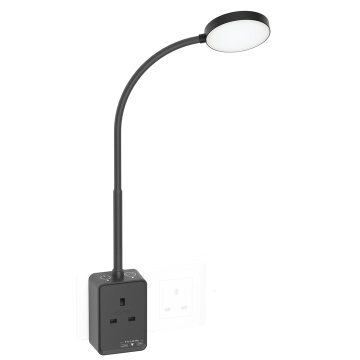 Plug In LED Wall Mounted Reading Light, Flexible Dimmable LED Black Wall Sconce Light with UK Power Plug and Outlet, Two Touch Switches, 3 Lighting Color Modes, USB Output Charging Ports