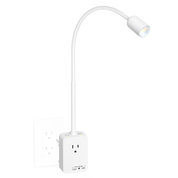 Plug In LED Book Reading Spot Light, White Dimmable Wall Sconce Lamp with Power Plug and Outlet Extender for Kitchen Bedroom Living Room, 3 Lighting Colors, USB Output Charging Ports