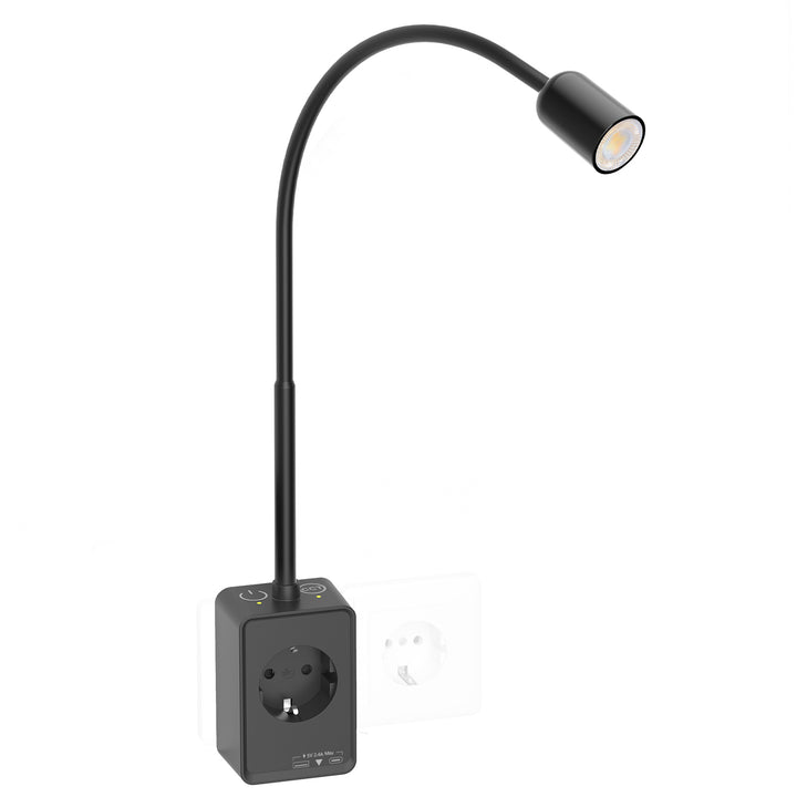 Plug In LED Reading Light, Dimmable Black Flexible Bedside Wall Lamp with EU Power Plug and Outlet, Two Touch Switches, 3 Lighting Color Modes, 50° Beam Angle, USB Output Charging Ports