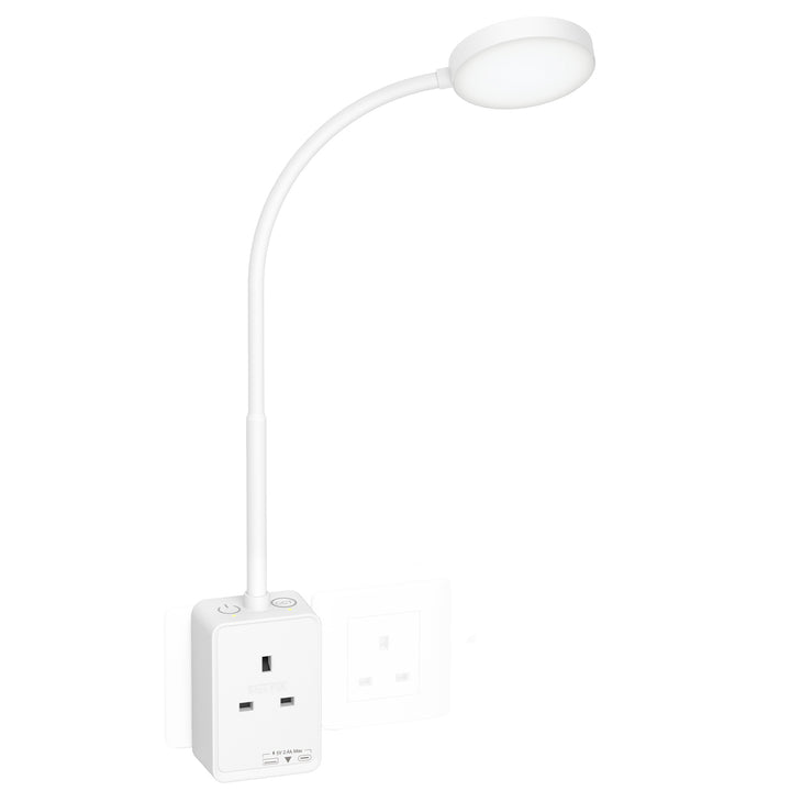 Plug In LED Reading Light, Dimmable LED White Flexible Bedside Wall Lamp with UK Power Plug and Extension Socket, Two Touch Switches, 3 Lighting Color Modes, USB Output Charging Function