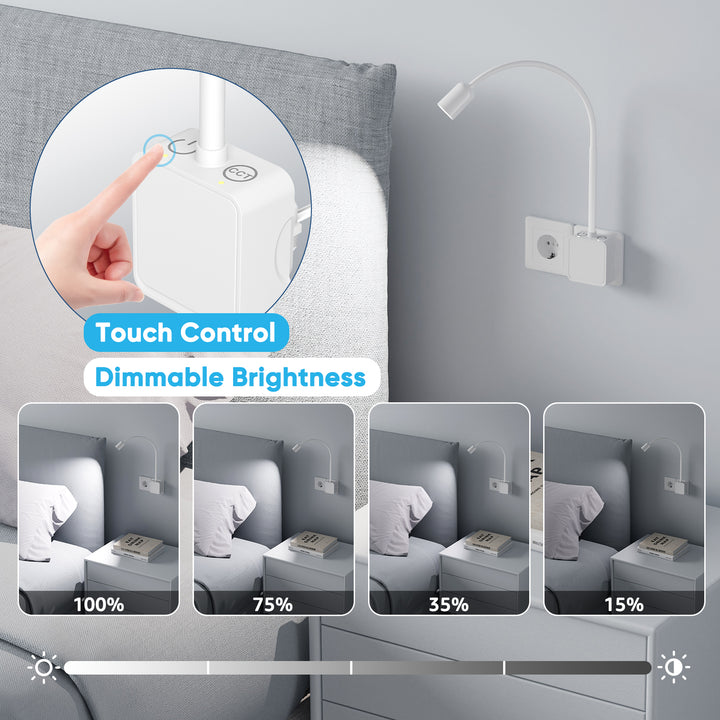 Plug In Dimmable LED Reading Light, Flexible White Wall Sconce Light with EU Power Plug for Books in Bed, Two Touch Switches, 3 Lighting Color Modes, 50° Spot Lighting Angle for Bedroom