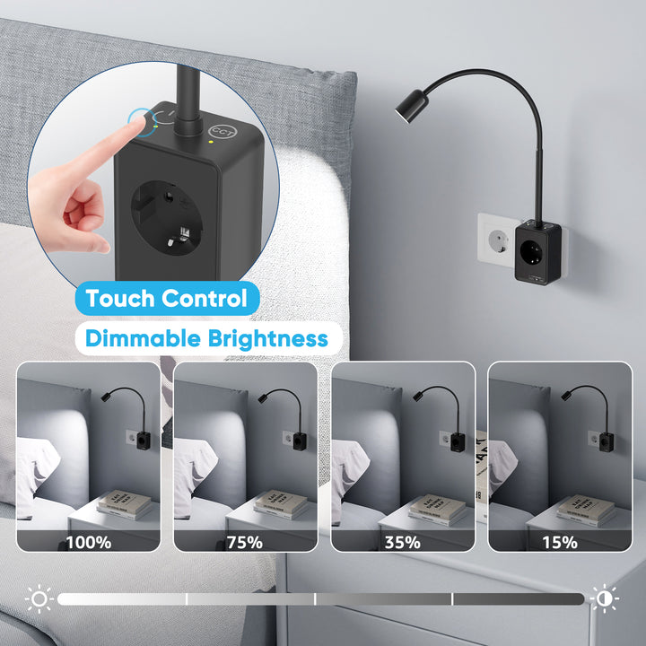Plug In LED Reading Light, Dimmable Black Flexible Bedside Wall Lamp with EU Power Plug and Outlet, Two Touch Switches, 3 Lighting Color Modes, 50° Beam Angle, USB Output Charging Ports
