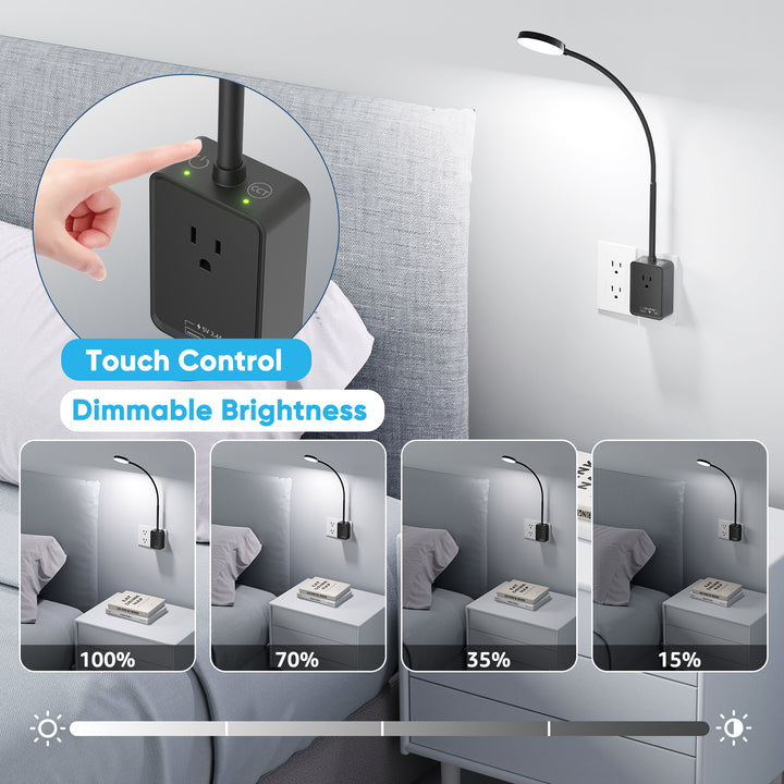 Plug In LED Book Reading Light, Black Dimmable LED Wall Sconce Lamp with Power Plug and Outlet Extender for Kitchen Bedroom Living Room, 3 Lighting Colors, USB Output Charging Ports