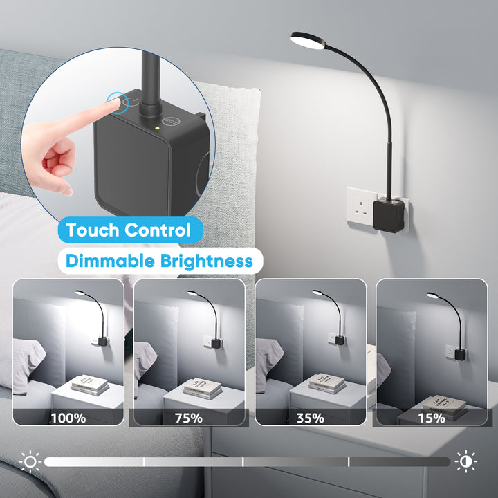 Plug In LED Wall Reading Light for Books in Bed, Dimmable LED Black Flexible Bedside Wall Lamp with UK Power Plug, Two Touch Switches, 3 Lighting Color Modes, 110° Wide Light Angle