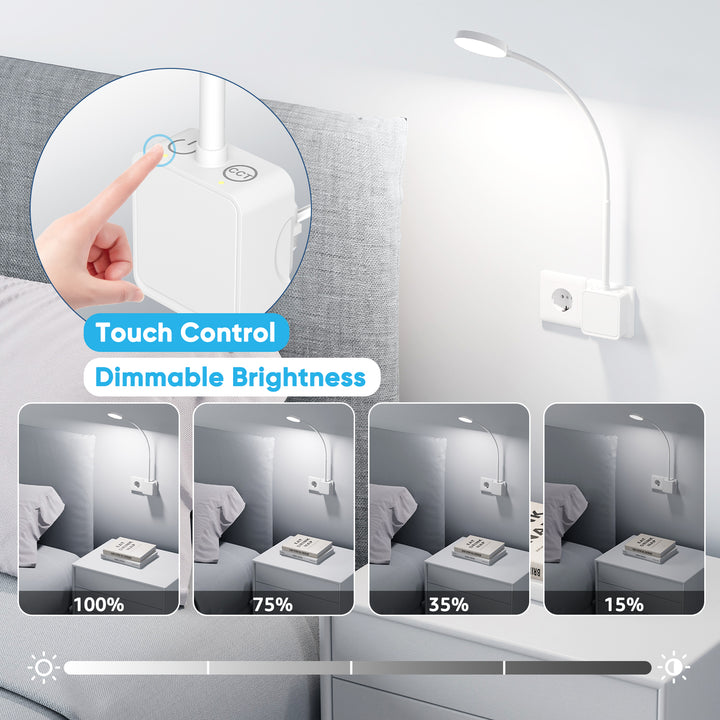 Plug In LED Wall Mounted Reading Light, Flexible Dimmable White Wall Sconce Light with EU Power Plug for Books in Bed, Two Touch Switches, 3 Lighting Color Modes, 110° Wide Lighting Angle