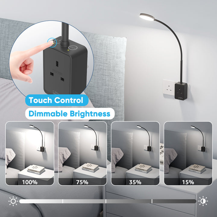 Plug In LED Wall Mounted Reading Light, Flexible Dimmable LED Black Wall Sconce Light with UK Power Plug and Outlet, Two Touch Switches, 3 Lighting Color Modes, USB Output Charging Ports