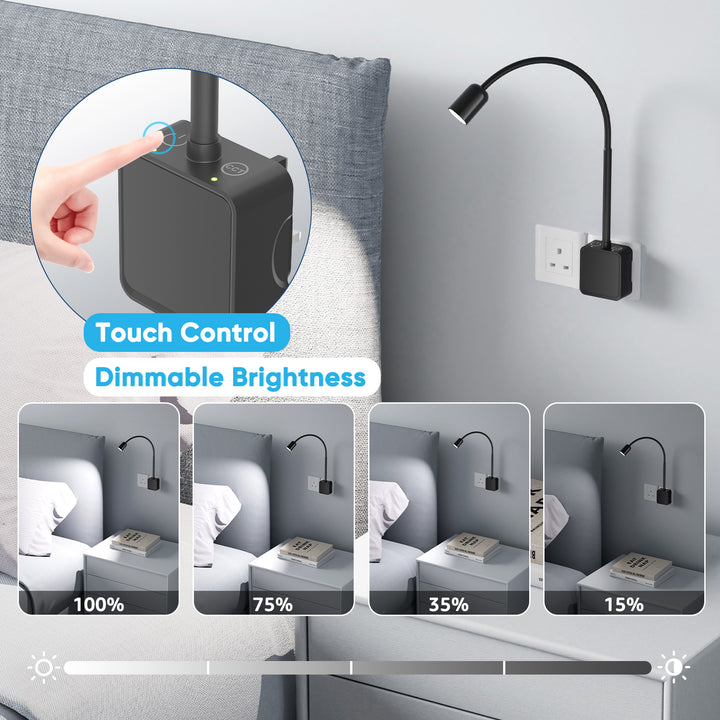 Plug In LED Wall Reading Light for Books in Bed, Dimmable LED Black Flexible Bedside Wall Lamp with UK Power Plug, Two Touch Switches, 3 Lighting Color Modes, 50° Spot Light Angle