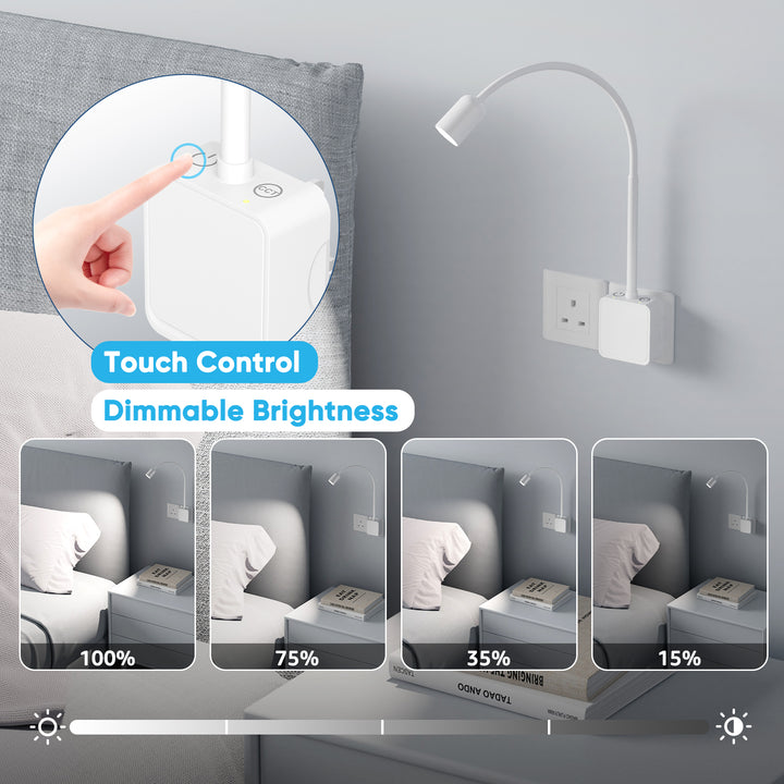 Plug In Dimmable LED Reading Light, Flexible White Wall Sconce Light with UK Power Plug for Books in Bed, Two Touch Switches, 3 Lighting Color Modes, 50° Spot Lighting Angle for Bedroom