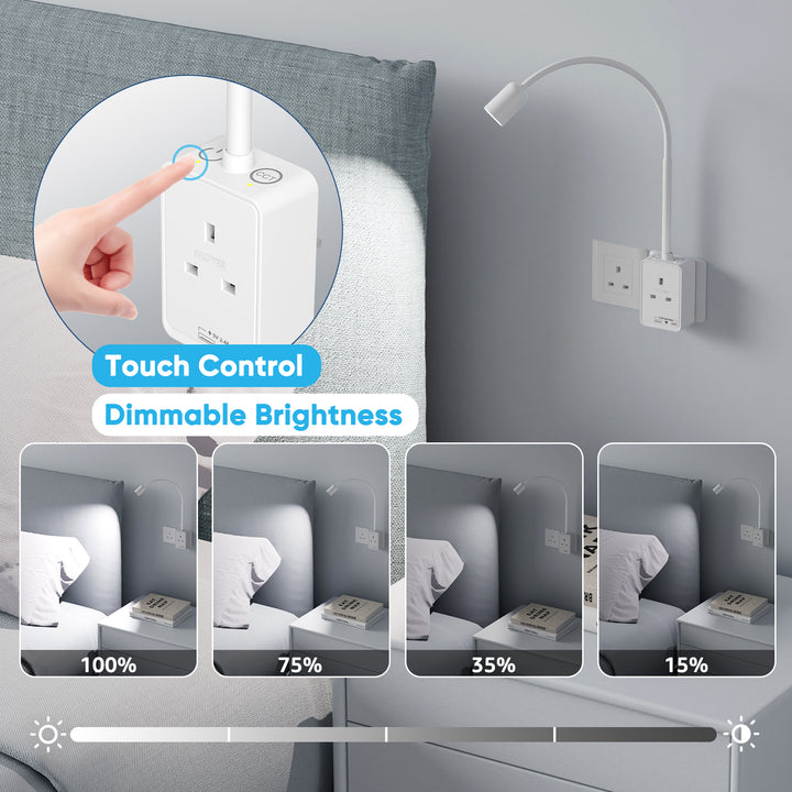 Plug In Dimmable LED Reading Light, Flexible White Wall Sconce Spot Light with UK Power Plug and Socket for Bedroom, Two Touch Switches, 3 Lighting Color Modes, USB Output Charging Function