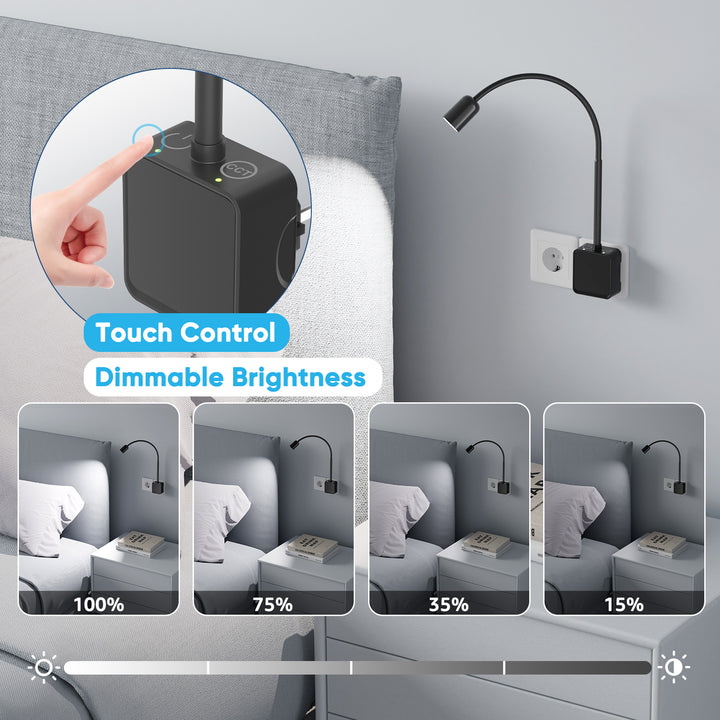 Plug In LED Wall Reading Light for Books in Bed, Dimmable LED Black Flexible Bedside Wall Lamp with EU Power Plug, Two Touch Switches, 3 Lighting Color Modes, 50° Spot Beam Angle