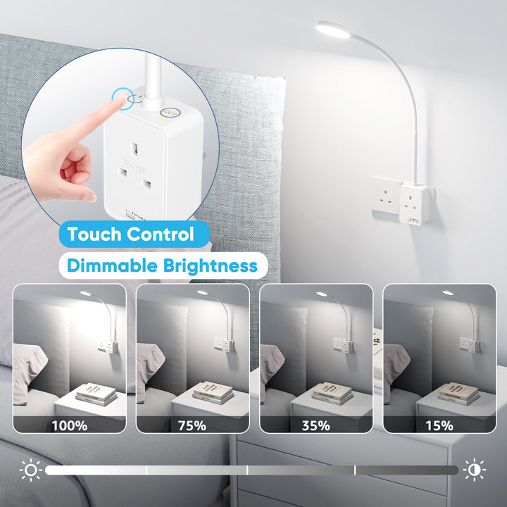 Plug In LED Reading Light, Dimmable LED White Flexible Bedside Wall Lamp with UK Power Plug and Extension Socket, Two Touch Switches, 3 Lighting Color Modes, USB Output Charging Function