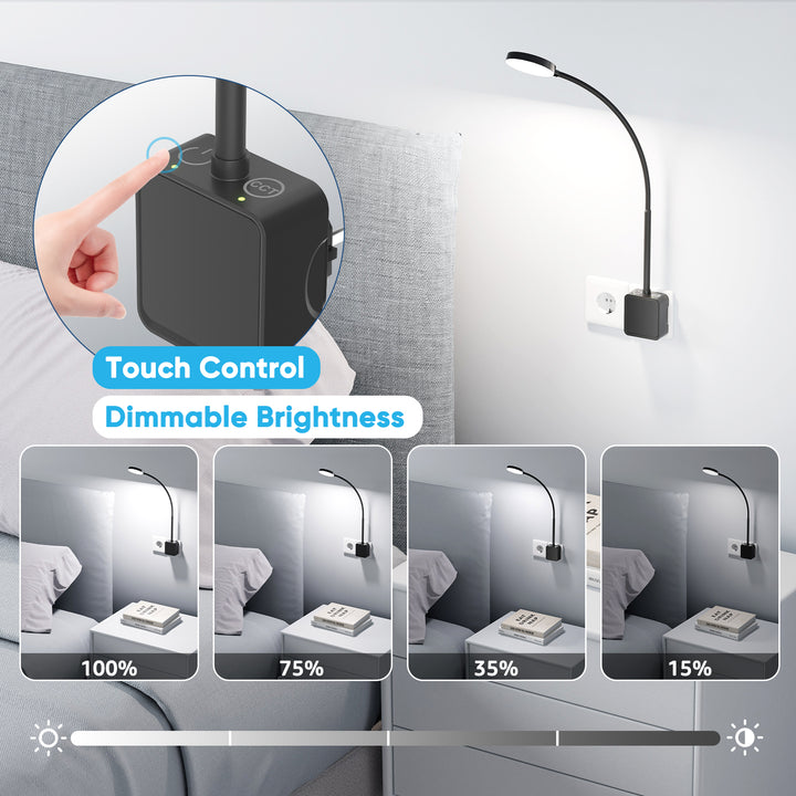 Plug In LED Wall Reading Light for Books in Bed, Dimmable LED Black Flexible Bedside Wall Lamp with EU Power Plug, Two Touch Switches, 3 Lighting Color Modes, 110° Wide Light Angle