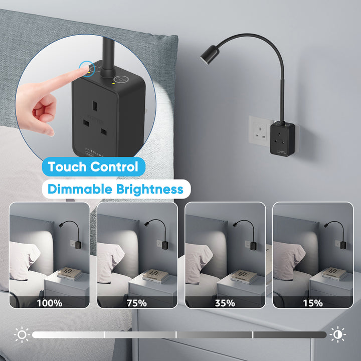Plug In LED Reading Light, Dimmable Black Flexible Bedside Wall Lamp with UK Power Plug and Outlet, Two Touch Switches, 3 Lighting Color Modes, 50° Beam Angle, USB Output Charging Ports