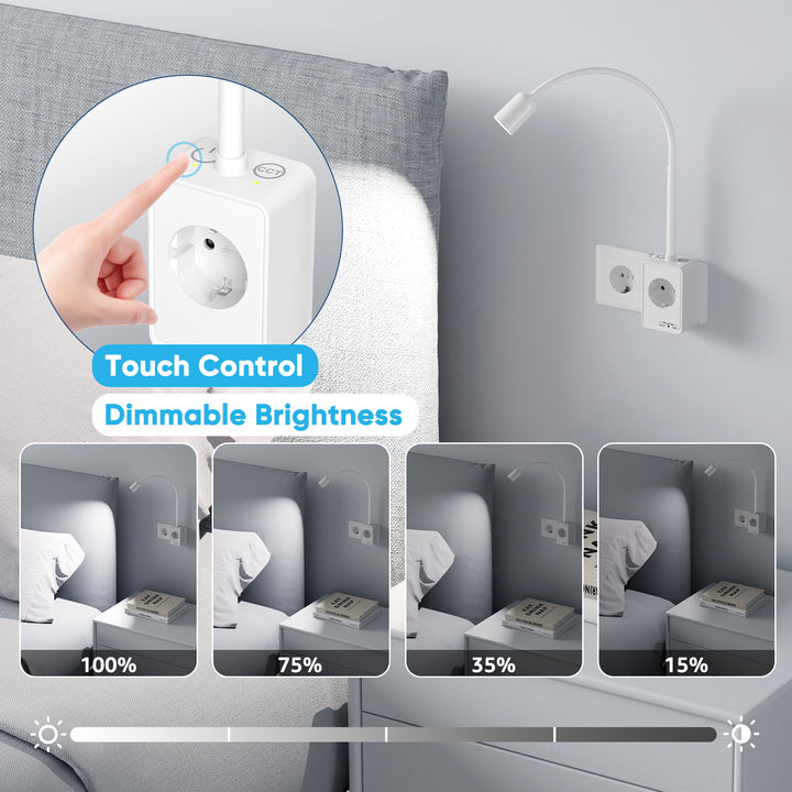 Plug In Dimmable LED Reading Light, Flexible White Wall Sconce Spot Light with EU Power Plug and Socket for Bedroom, Two Touch Switches, 3 Lighting Color Modes, USB Output Charging Function