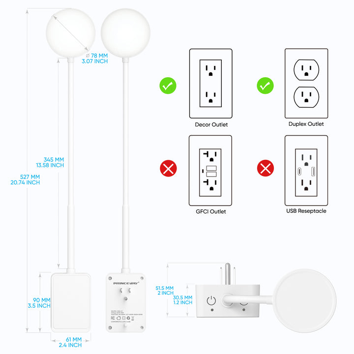 Plug In LED Book Reading Light, White Flexible Dimmable Wall Sconce Night Lamp with Plug for Bedroom Kitchen Kids Room, Dual Touch Switch, 3 Lighting Colors, 110° Wide Light Angle