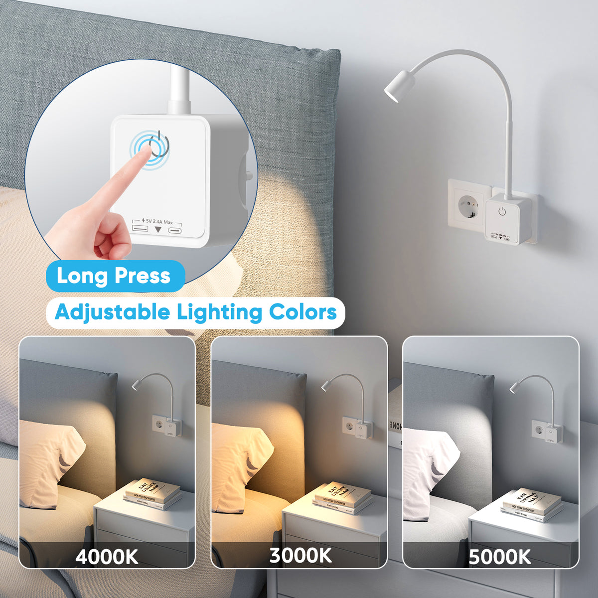 Led Plug In Power Plug In LED Reading Light, Flexible Wall Sconce Light with EU Power Pl ...