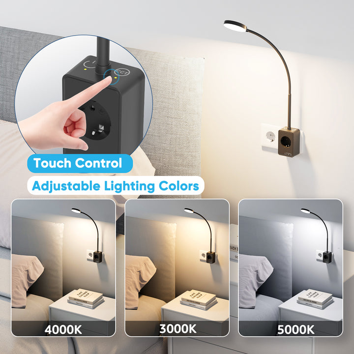 Plug In LED Reading Light, Dimmable Black Flexible Bedside Wall Lamp with EU Power Plug and Outlet, Two Touch Switches, 3 Lighting Color Modes, 110° Beam Angle, USB Output Charging Ports