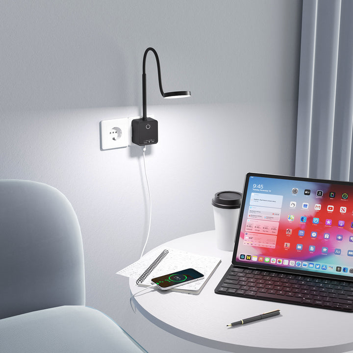 Plug In LED Reading Light, Flexible Wall Sconce Light with EU Power Plug for Books in Bed, Touch Dimmable, 3 Color Modes, 110° Wide Lighting Angle, Bedside Lamp with USB Output Charging Port